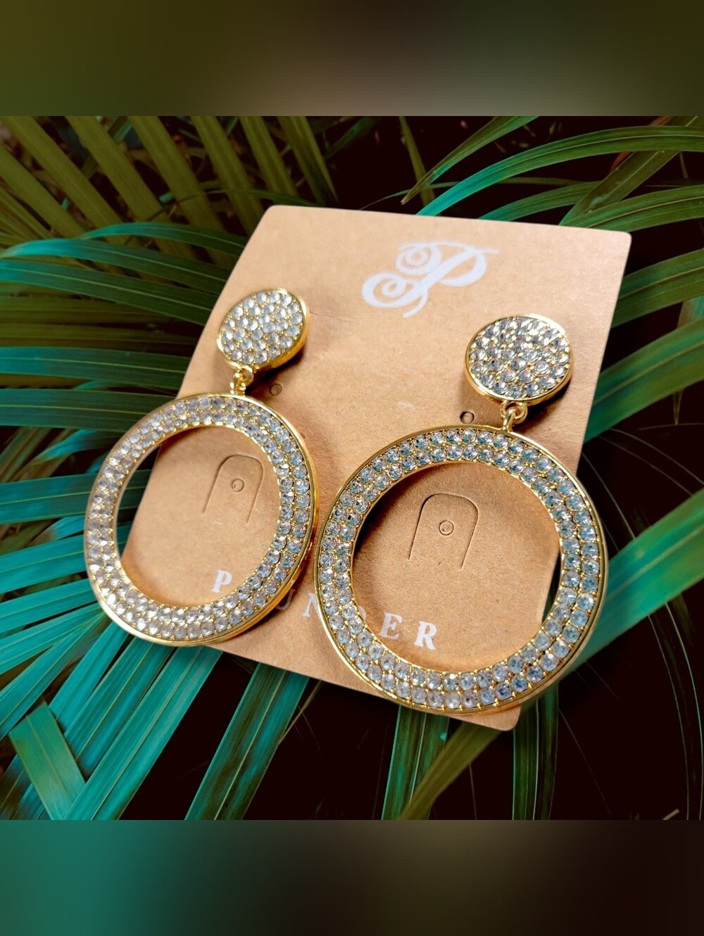 Plunder | NWOT Gold Tone Pave Crystal Circle Open Hoop Drop Earrings